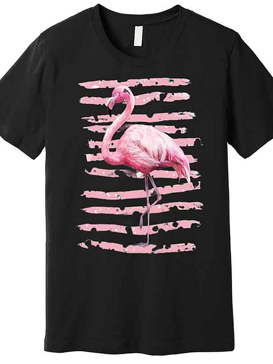 Men's Graphic T-Shirt Pink Feathered Flamingo Standing Against Textured Painted Striped Background Flamingo