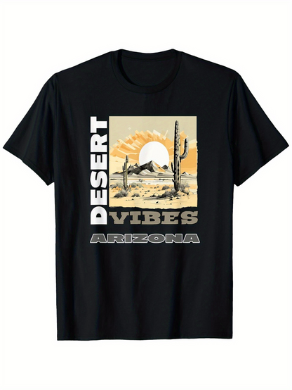 Men's Graphic T-Shirt Desert Vibes Arizona Wilderness With Sunset Silhouetted Cacti Landscape
