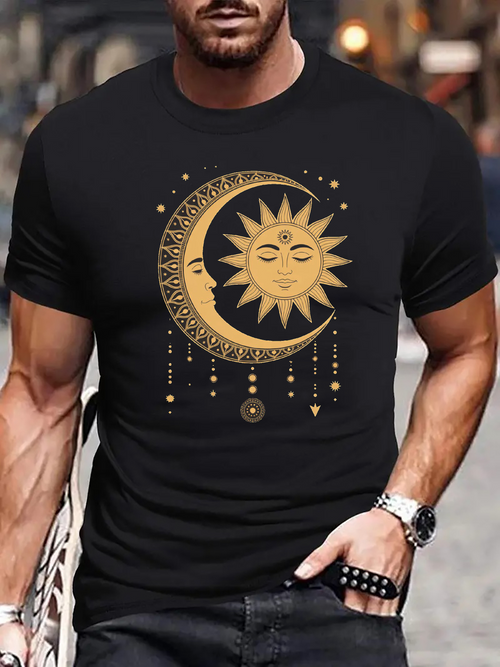 Men's Graphic T-Shirt Golden Celestial Crescent Moon Among Radiant Sun Motif Symbols And Patterns