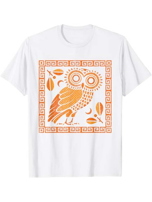 Men's Graphic T-Shirt Geometric Hellenic Pattern With Abstract Leaves Surrounding Wise Owl