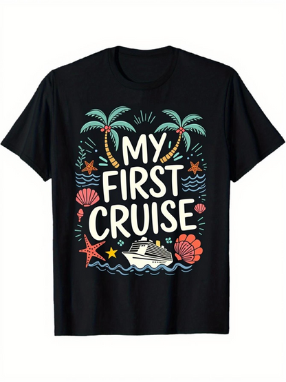 Men's Graphic T-Shirt My First Cruise Tropical Palms And Ocean With Ship And Shells