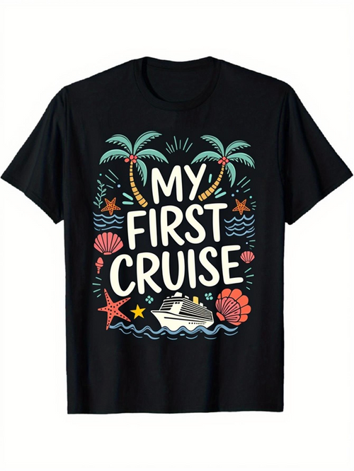 Men's Graphic T-Shirt My First Cruise Tropical Palms And Ocean With Ship And Shells