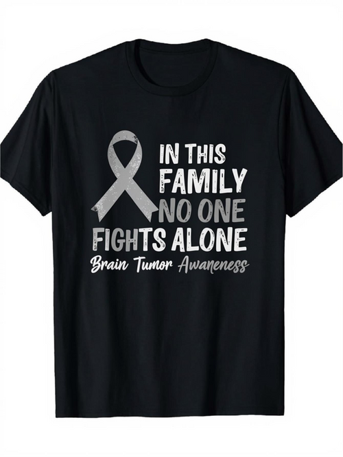Men's Graphic T-Shirt In This Family No One Fights Alone With Silver Ribbon For Tumor Awareness