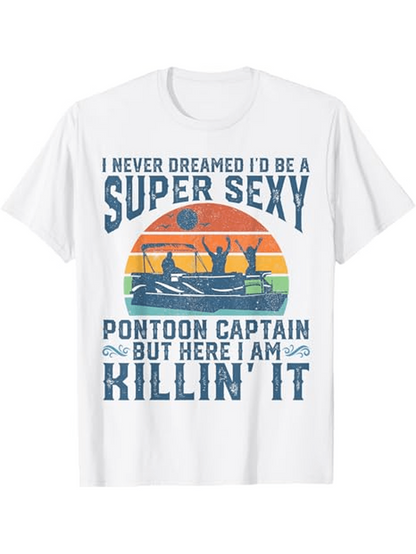 Men's Graphic T-Shirt Super Sexy Sunset Silhouette With Boat Under Retro Rainbow Sky Pontoon Captain