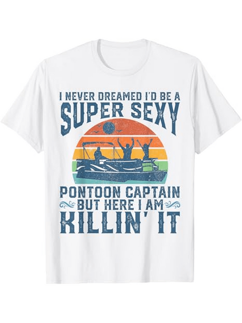 Men's Graphic T-Shirt Super Sexy Sunset Silhouette With Boat Under Retro Rainbow Sky Pontoon Captain