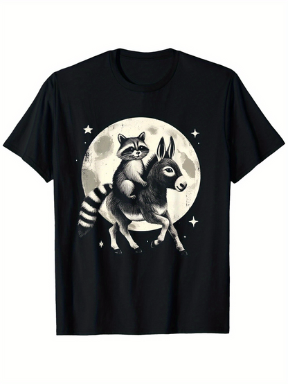 Men's Graphic T-Shirt Full Moon Night With A Raccoon Riding A Donkey Surrounded By Stars