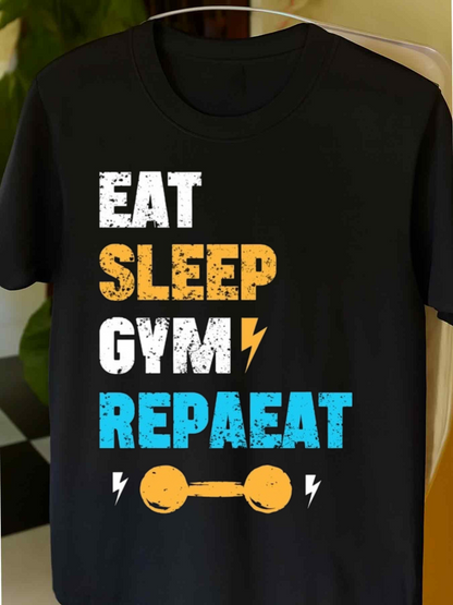 Men's Graphic T-Shirt Eat Sleep Gym Rep And Repeat With Lightning Dumbbell