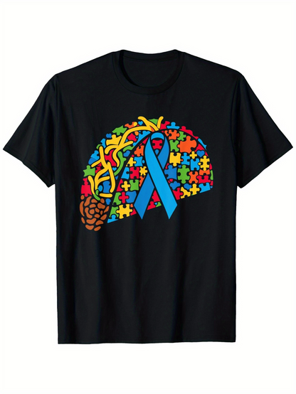Men's Graphic T-Shirt Colorful Puzzle Pieces With Blue Ribbon On Human Brain