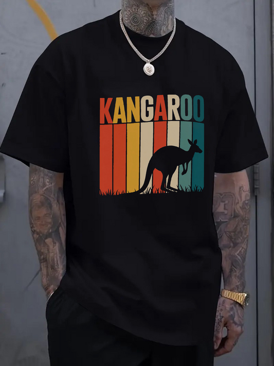 Men's Graphic T-Shirt Kangaroo Silhouette With Retro Vertical Color Stripes Background Kangaroo