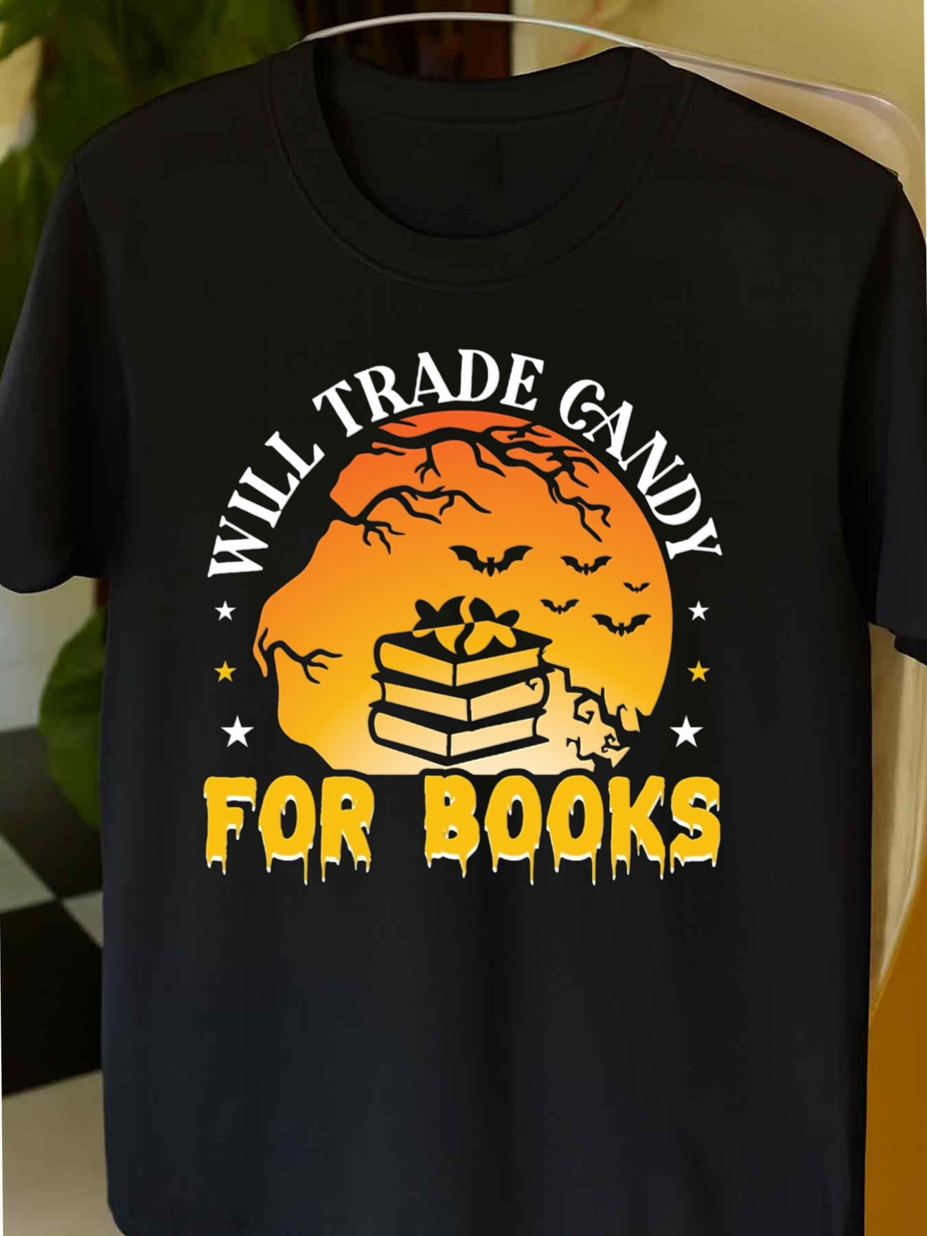 Men's Graphic T-Shirt Will Trade Candy For Books Stacked Book Pile With Bats And Orange Sunset Moon