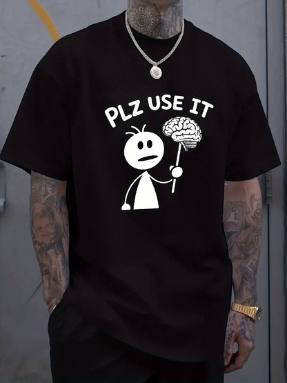 Men's Graphic T-Shirt Plz Use It Cartoon Stick Figure Holding Brain
