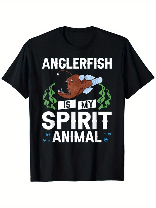 Men's Graphic T-Shirt Anglerfish Is My Spirit Animal Surrounded By Floating Bubbles And Green Seaweed Anglerfish