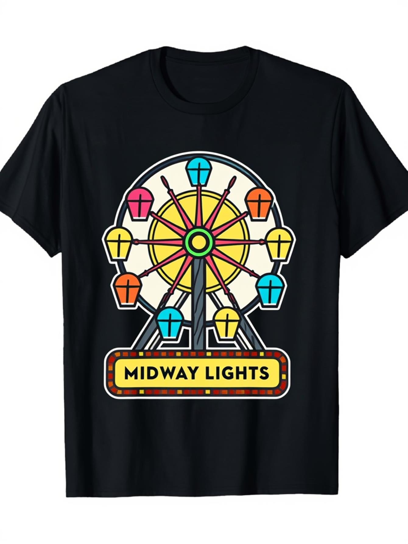 Men's Graphic T-Shirt Midway Lights Ferris Wheel Surrounded By Colorful Carnival Cabins And Bright Lights