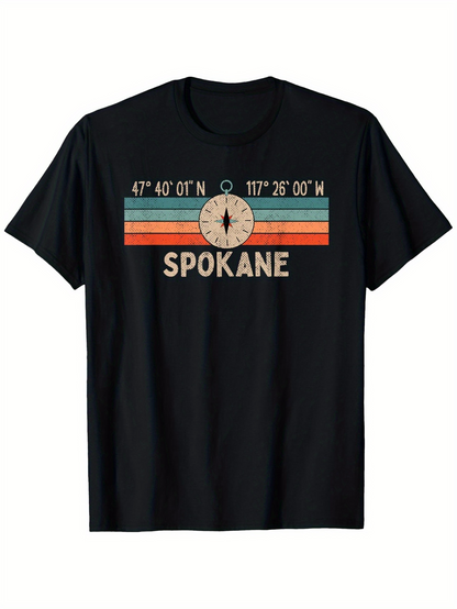 Men's Graphic T-Shirt Spokane Retro Colorful Stripes With Compass Over Map Coordinates Compass