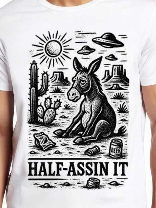 Men's Graphic T-Shirt Half Assin It Desert Landscape With Sun Cacti And Donkey Surrounded By UFO Mountains Beer Can