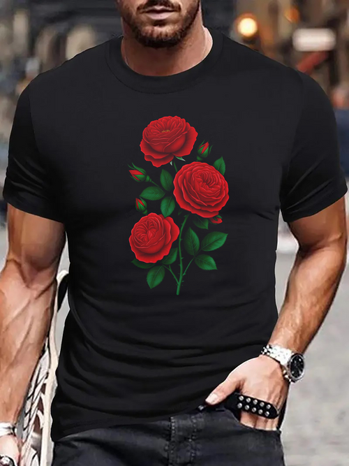 Men's Graphic T-Shirt Vibrant Red Roses With Lush Green Foliage Over Elegant Black Fabric Rose
