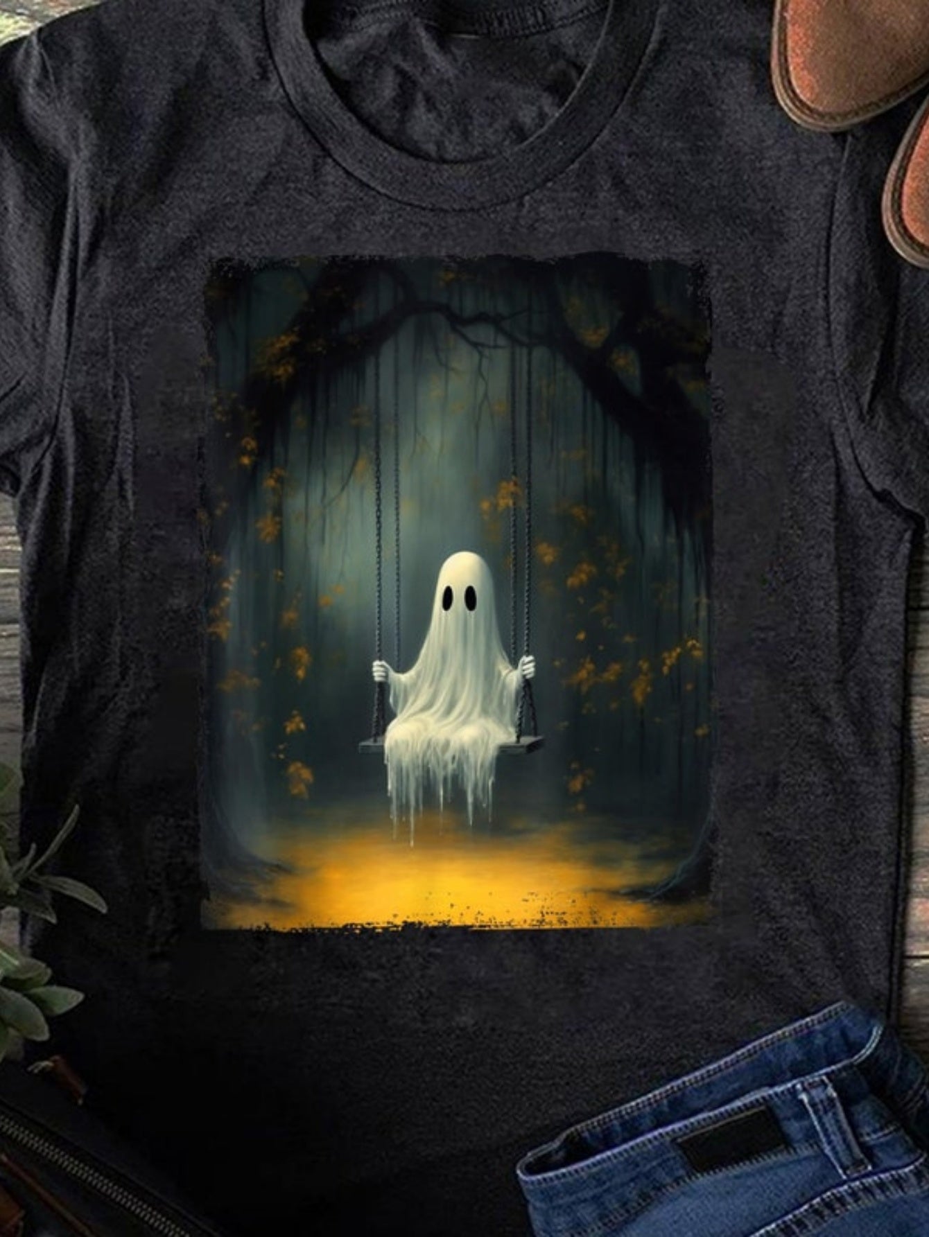 Women's Graphic T-Shirt Eerie Forest With Glowing Light Under Misty Trees Featuring Ghost