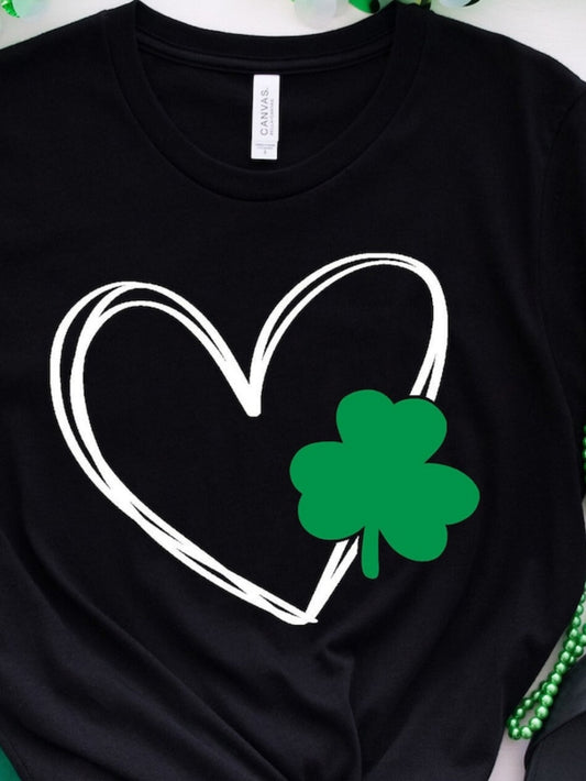 Men's Graphic T-Shirt Hand Drawn White Heart With Green Clover Lucky Charm