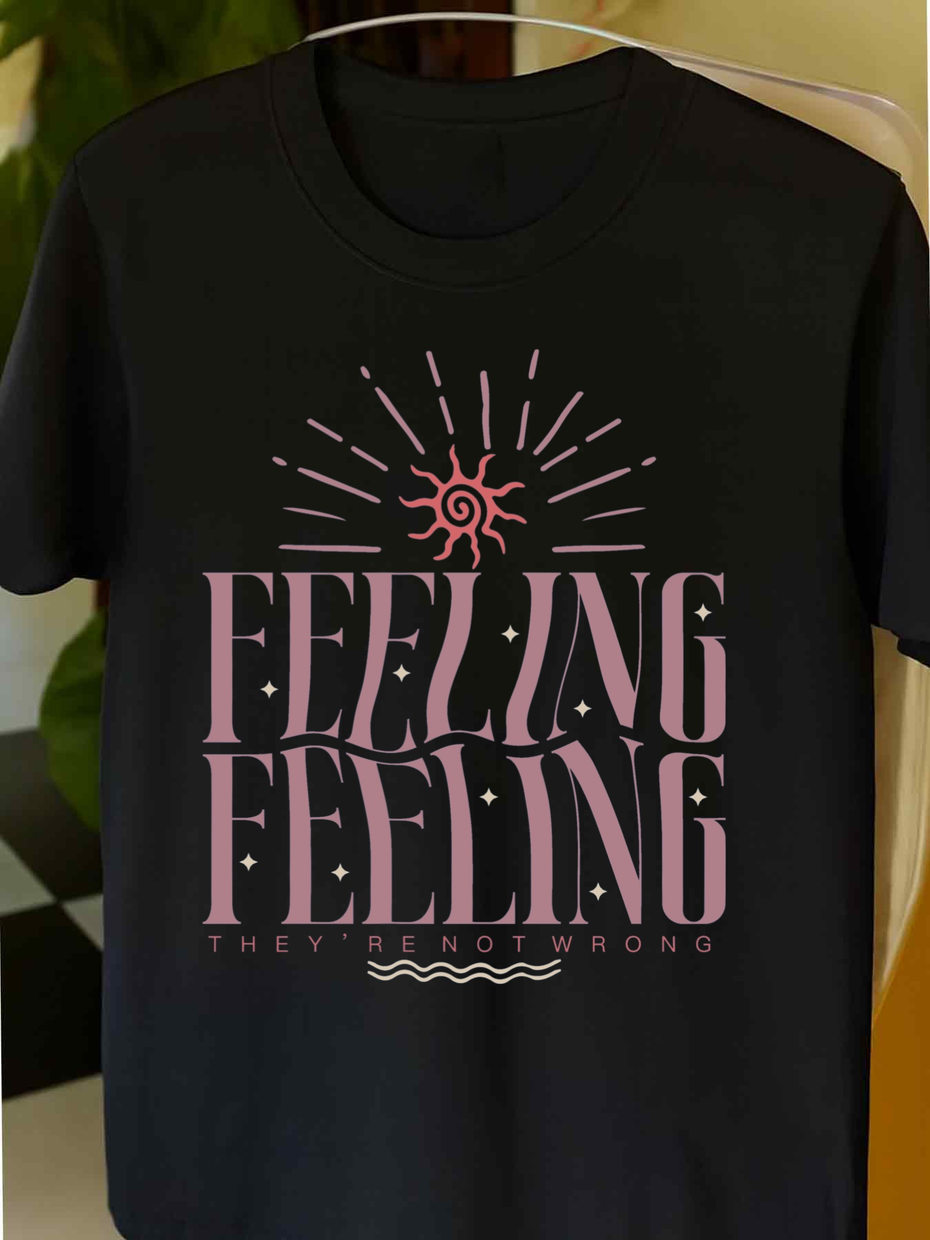 Men's Graphic T-Shirt Feeling Feeling With Hand Drawn Pink Sunburst At Center