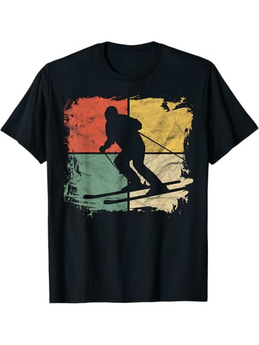 Men's Graphic T-Shirt Vintage Color Blocks With Skier Racing Downhill In Silhouette