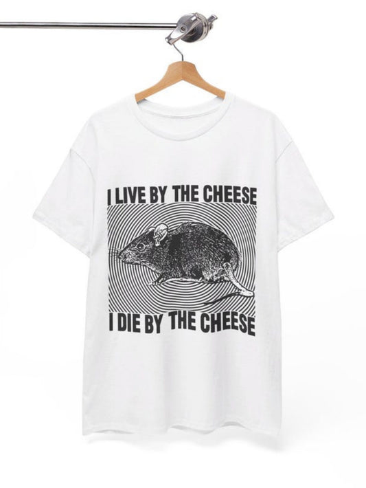 Men's Graphic T-Shirt I Live By The Cheese I Die By The Cheese Retro Engraved Mouse Illustration With Vintage Style Background