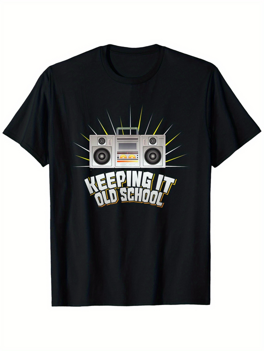 Men's Graphic T-Shirt Keeping It Old School Retro Stereo With Radiant Neon Background Boombox