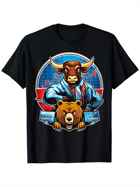 Men's Graphic T-Shirt Wall Street Inspired Bull In Suit Standing Over Roaring Bear