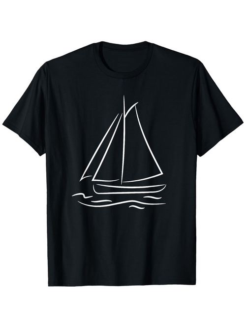 Men's Graphic T-Shirt Minimalist White Line Drawing With Calm Water Sailboat