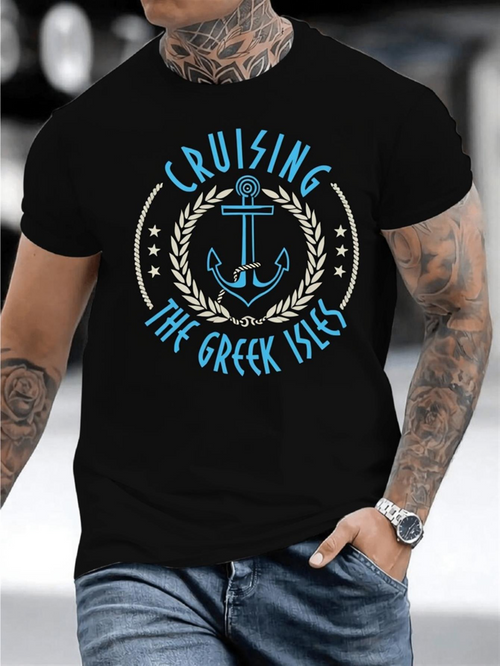 Men's Graphic T-Shirt Cruising The Greek Isles Nautical Laurel Anchor Surrounded By Stars Design