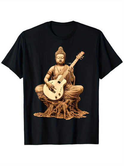 Men's Graphic T-Shirt Peaceful Enlightened Figure Playing Guitar Among Tree Roots