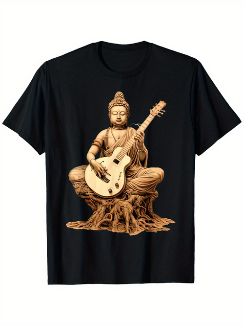 Men's Graphic T-Shirt Peaceful Enlightened Figure Playing Guitar Among Tree Roots