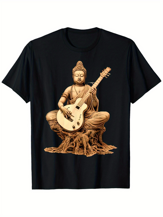 Men's Graphic T-Shirt Peaceful Enlightened Figure Playing Guitar Among Tree Roots