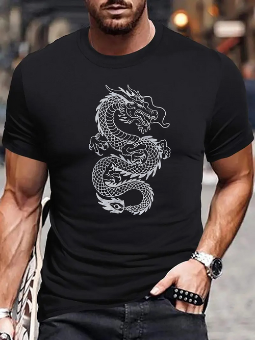 Men's Graphic T-Shirt Intricate Scales In Monochrome Detailed Art Beneath Fierce Twisting Mythic Dragon