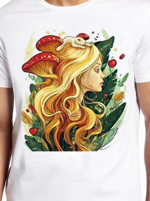 Men's Graphic T-Shirt Golden Hair Surrounded By Red Mushrooms Lush Green Leaves And Hidden Nature Woman