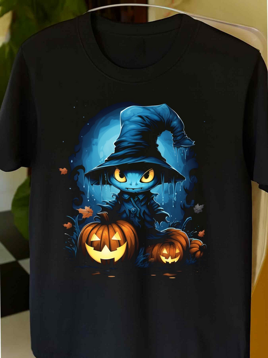 Men's Graphic T-Shirt Spooky Blue Night With Witch Cat And Glowing Pumpkins Under Full Moon
