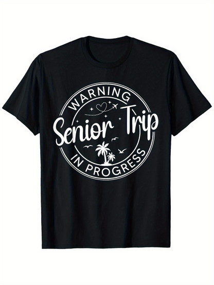 Men's Graphic T-Shirt Warning Senior Trip In Progress With Palm Tree And Stars Surrounded By Circular Graphic