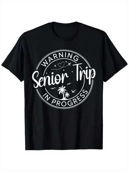 Men's Graphic T-Shirt Warning Senior Trip In Progress With Palm Tree And Stars Surrounded By Circular Graphic