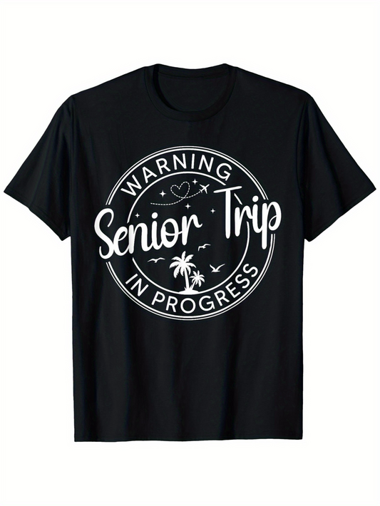 Men's Graphic T-Shirt Warning Senior Trip In Progress With Palm Tree And Stars Surrounded By Circular Graphic