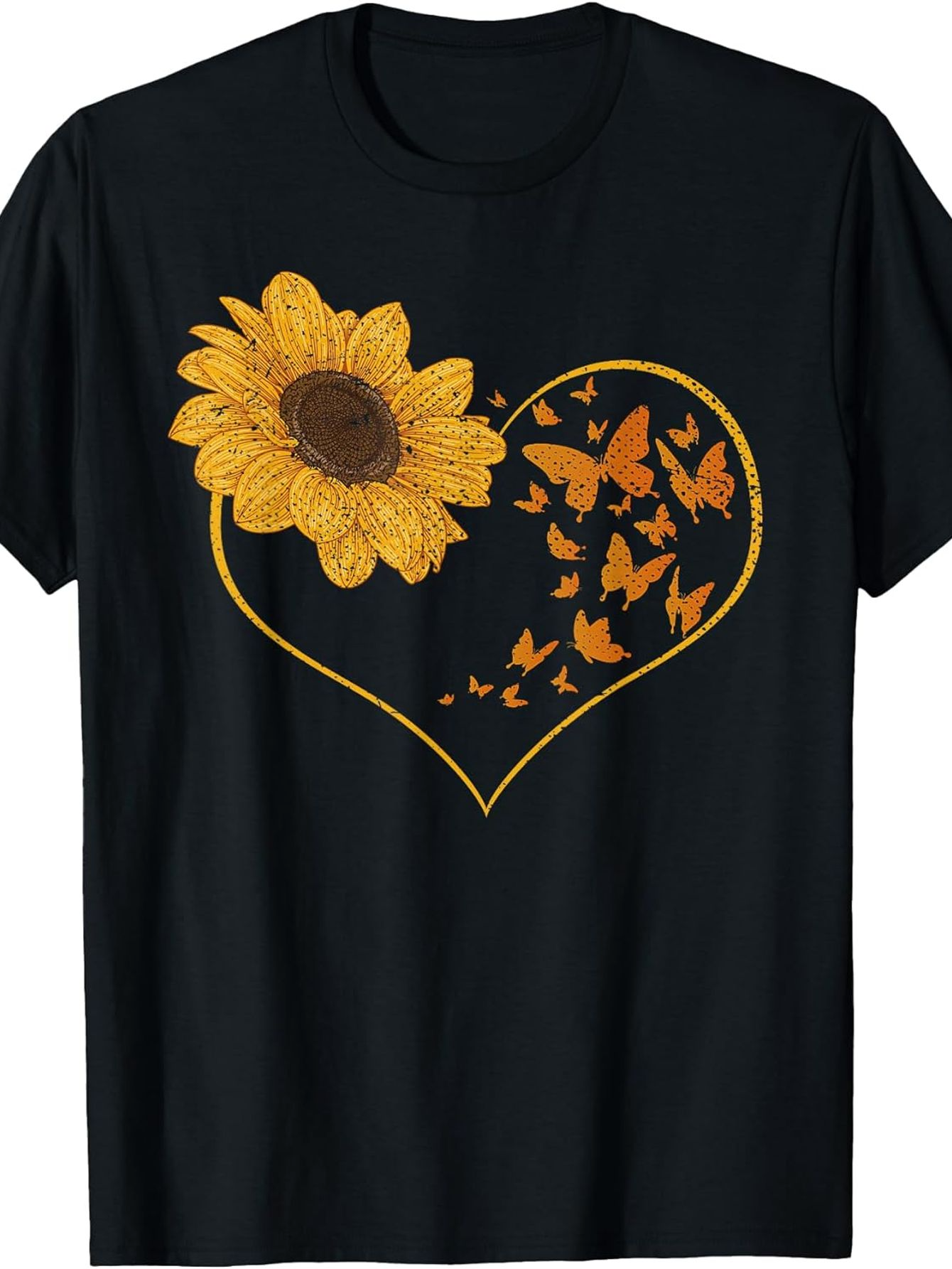 Men's Graphic T-Shirt Golden Sunflower Among Fluttering Orange Butterflies And Heart Outline