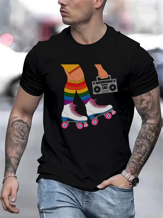 Men's Graphic T-Shirt Retro Rainbow Skates With Colorful Striped Socks And Vintage Boombox Skater