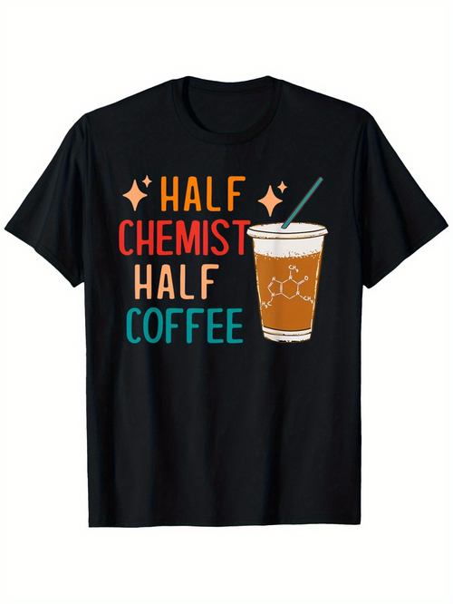 Men's Graphic T-Shirt Half Chemist Half Coffee Sparkling Text Beside Iced Cafe Cup Illustration