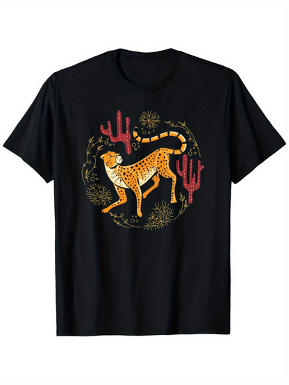 Men's Graphic T-Shirt Desert Sunlight And Wildflowers Surrounding A Majestic Standing Cheetah