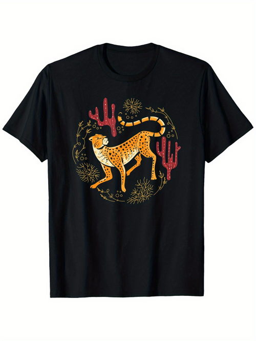 Men's Graphic T-Shirt Desert Sunlight And Wildflowers Surrounding A Majestic Standing Cheetah