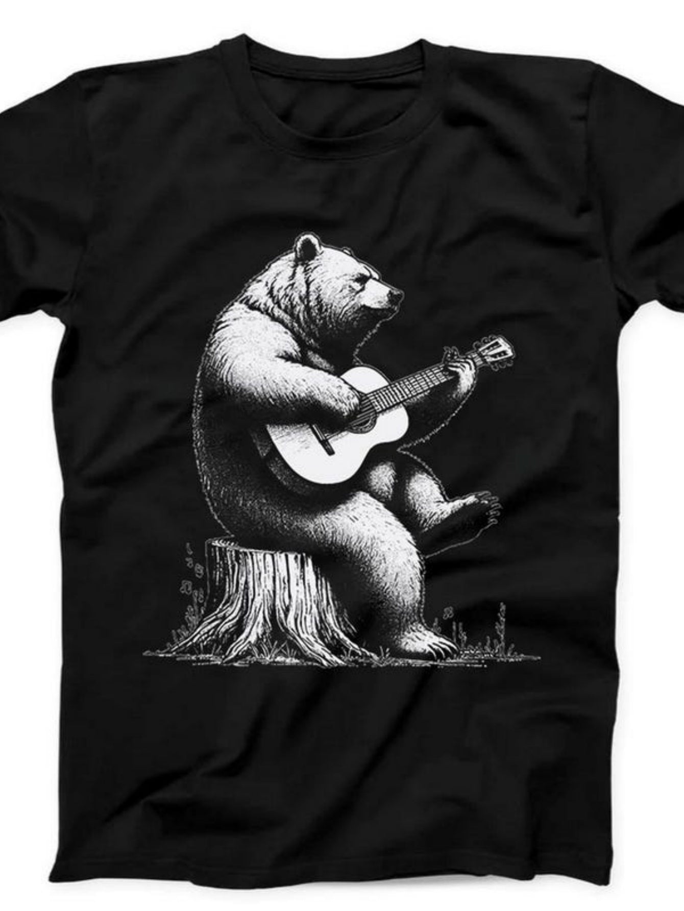 Men's Graphic T-Shirt Relaxed Woodland Setting With Bear Playing Acoustic Guitar
