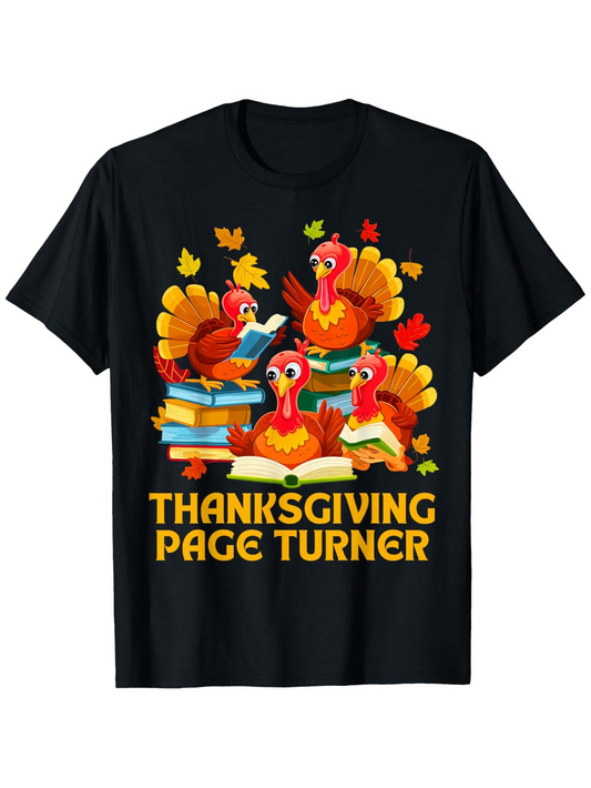 Men's Graphic T-Shirt Thanksgiving Page Turner Colorful Falling Leaves And Stacked Books With Happy Turkey