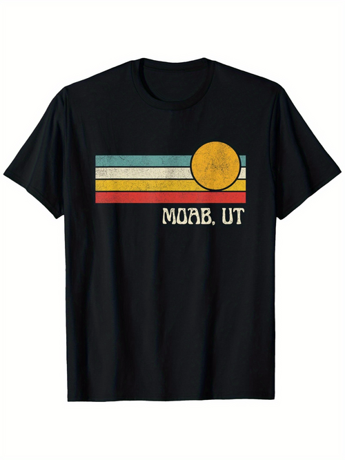 Men's Graphic T-Shirt Moab UT Retro Striped Sunset With Faded Vintage Yellow Sun