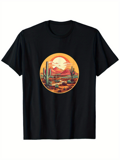 Men's Graphic T-Shirt Sunset Desert Landscape With Mountains And Tall Cactus Plants