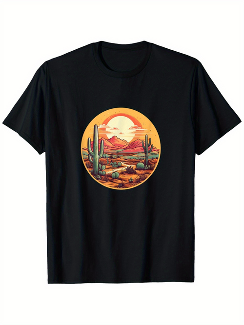 Men's Graphic T-Shirt Sunset Desert Landscape With Mountains And Tall Cactus Plants