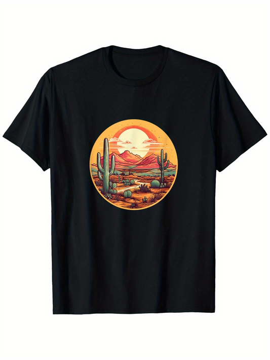 Men's Graphic T-Shirt Sunset Desert Landscape With Mountains And Tall Cactus Plants