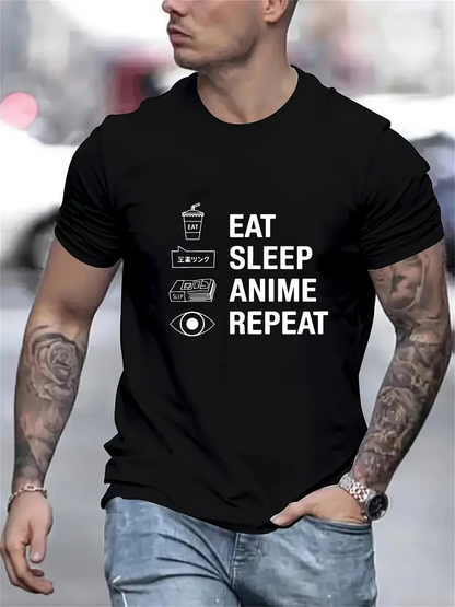 Men's Graphic T-Shirt Eat Sleep Anime Repeat Urban Icons With Modern Black Style
